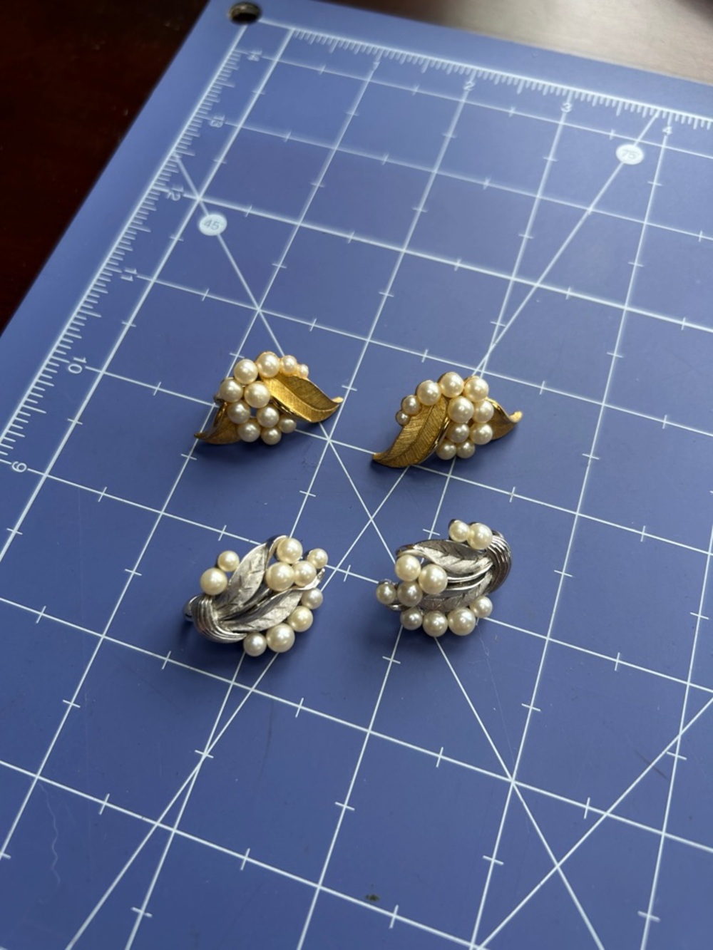 Crown Trifari clip on earrings gold silver pearl vintage leaf setting Evc estate
